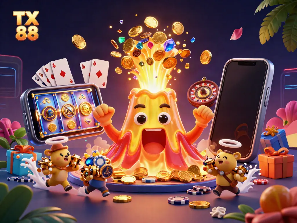 Experience thrilling gaming with TX 88's vibrant casino adventure featuring a triumphant golden volcano.