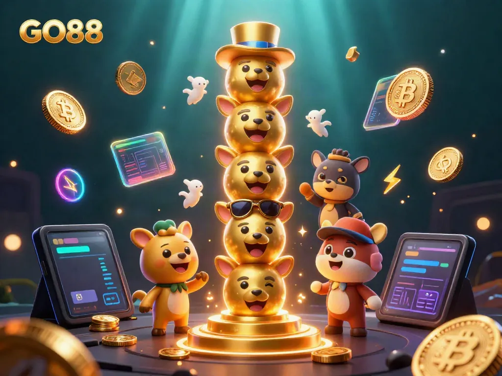 Engage with GO88's thrilling casino experience featuring a vibrant totem and cryptocurrency elements.