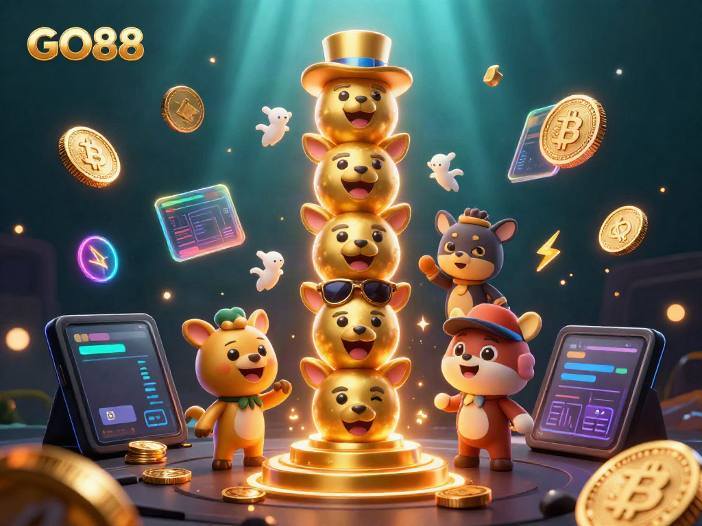 Engage with GO88's thrilling casino experience featuring a vibrant totem and cryptocurrency elements.