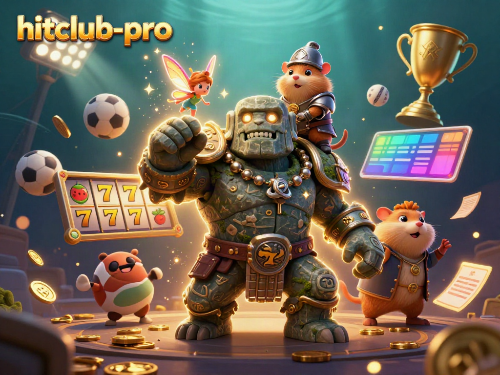Experience hitclub-pro with a vibrant casino scene featuring a magical golem and sports elements.