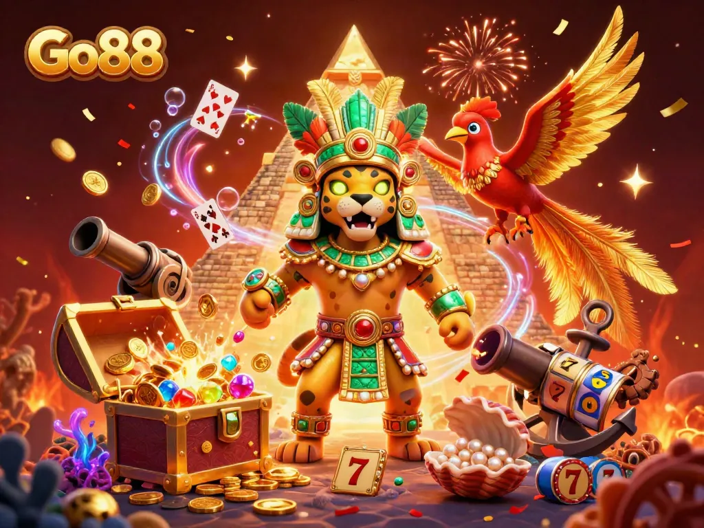 Engage with Go88's vibrant casino world through a richly detailed illustration.