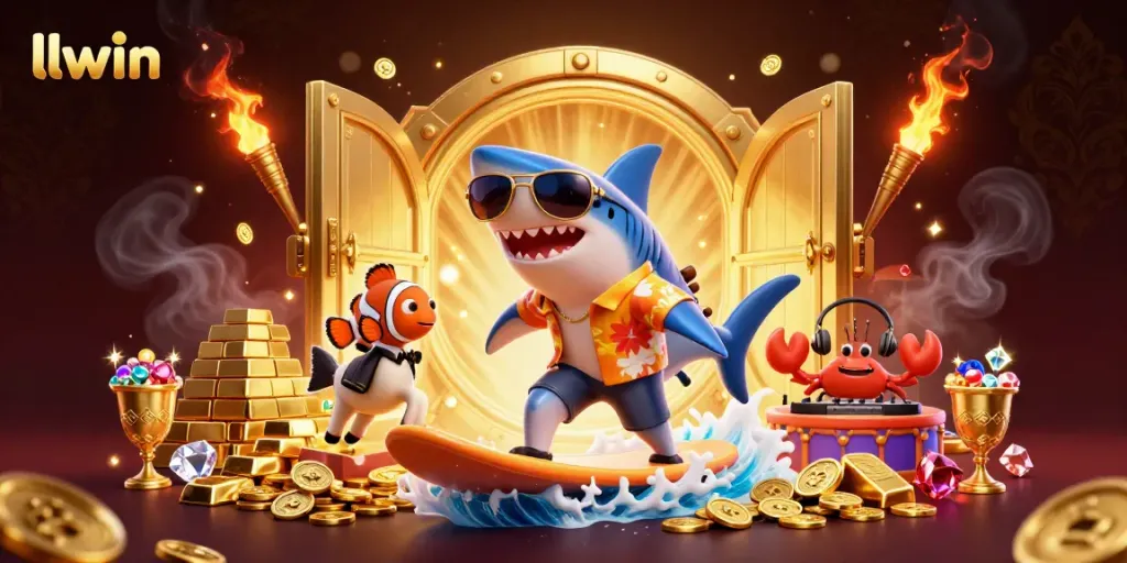 Experience the thrilling adventures of llwin with a shark and clownfish in a dazzling underwater casino scene.