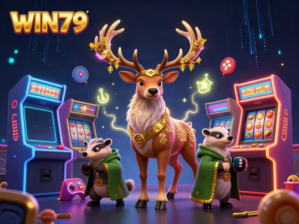 WIN79 brings excitement with 3D druid stag and gaming elements in a dynamic casino scene.