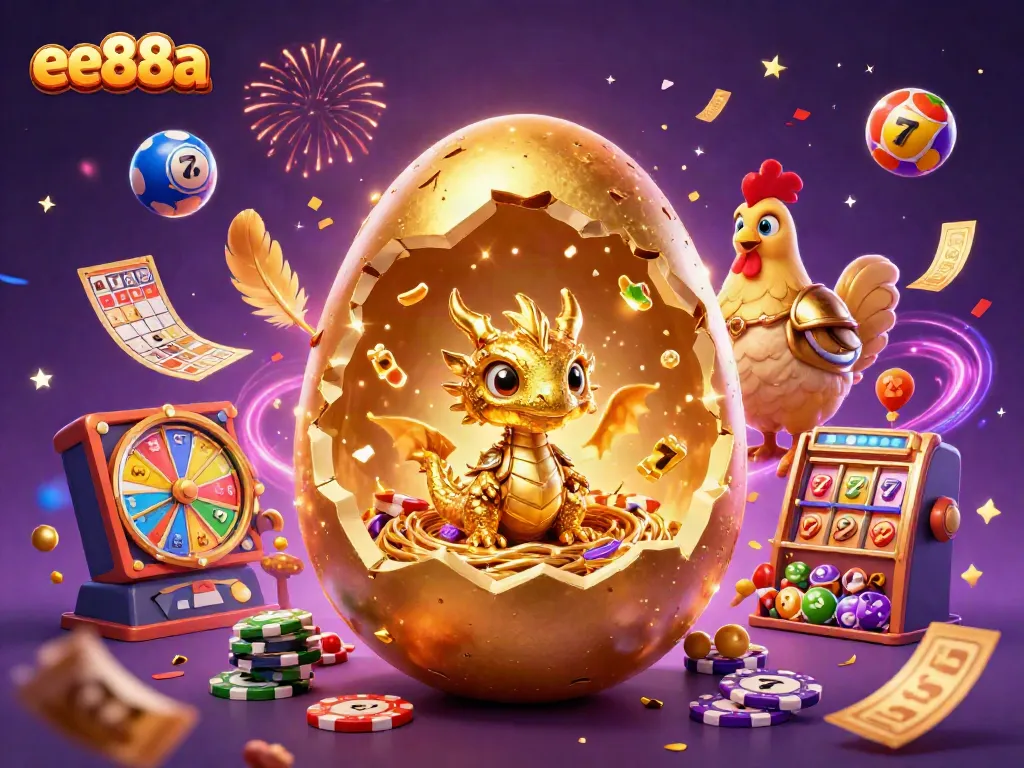 Engage in thrilling gaming with the vibrant ee88a scene featuring a golden dragon and slot reels.