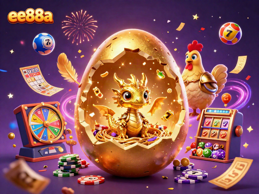 Engage in thrilling gaming with the vibrant ee88a scene featuring a golden dragon and slot reels.