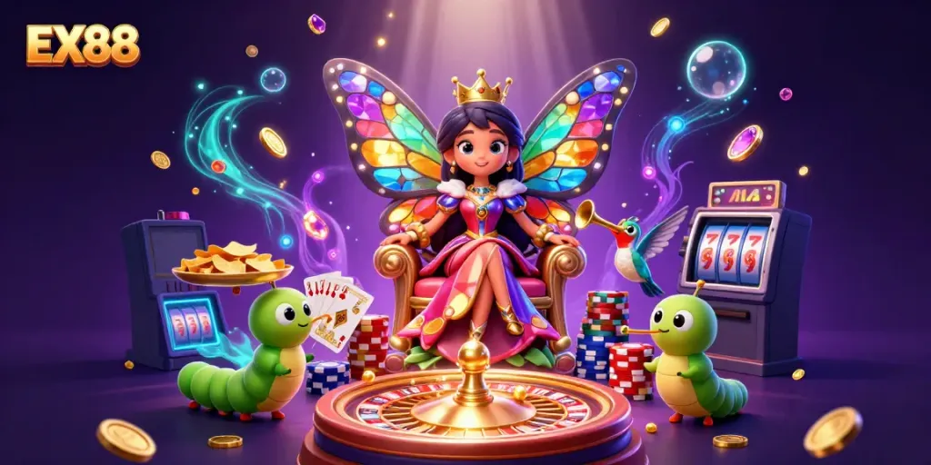 Experience the EX88 magic with a vibrant casino scene featuring a butterfly queen and golden chips.