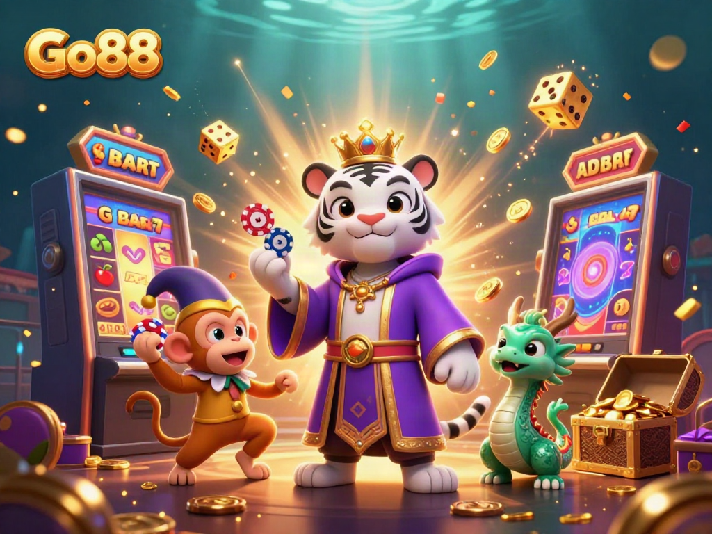 Experience Go88 with a captivating 3D illustration of vibrant casino elements and characters.