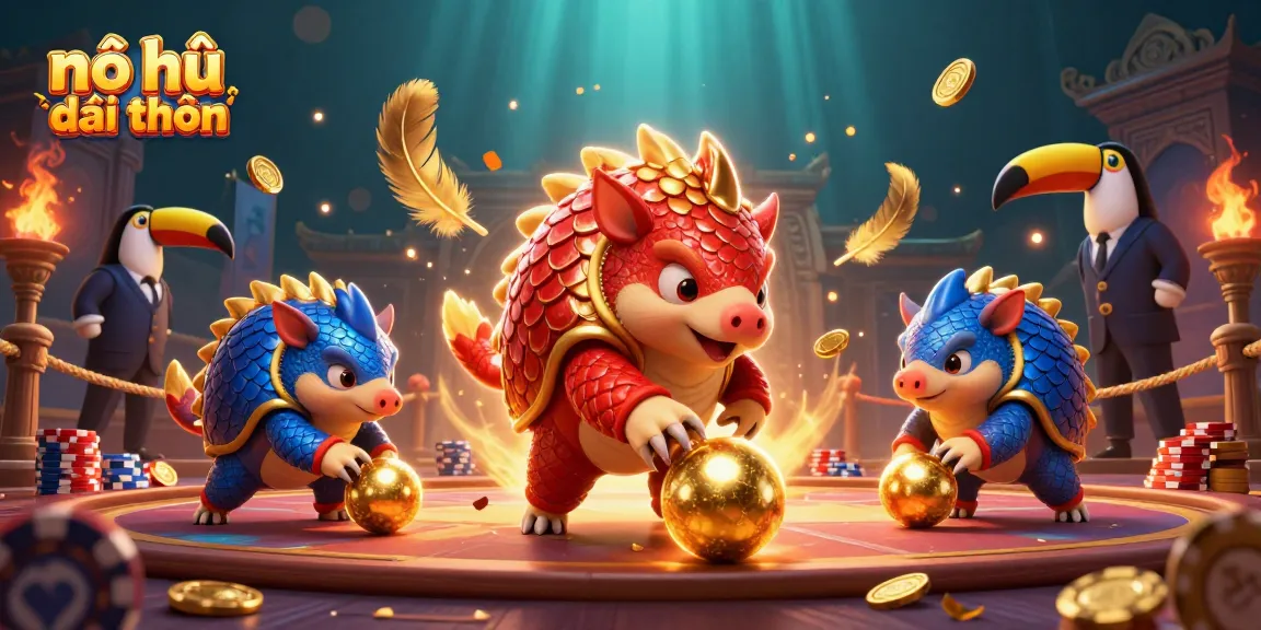 Spin golden jackpots with excitement in this vibrant nổ hũ đổi thưởng illustration featuring competitive pangolins.
