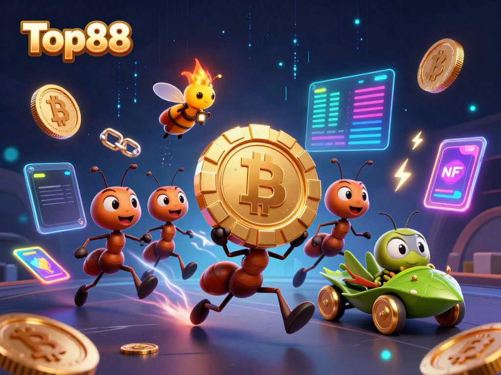 Top88's thrilling heist illustration featuring a team of ants, glowing crypto coins, and dynamic casino elements.