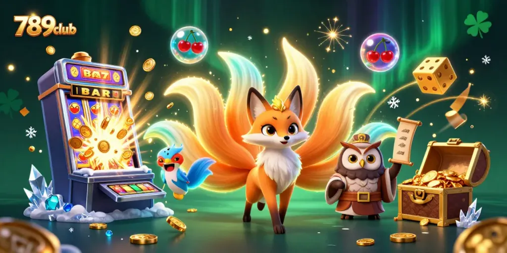 Engage in thrilling gameplay at 789club with a vibrant casino-themed illustration featuring colorful slot machines and characters.