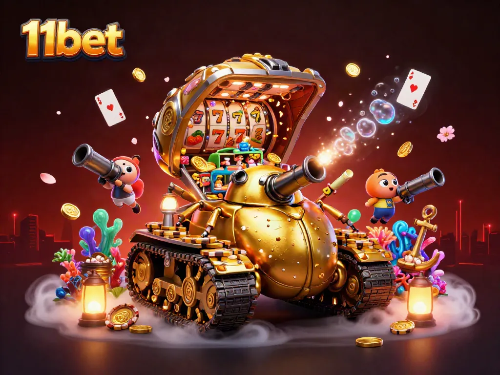 Experience thrilling gameplay with 11bet's dynamic casino scene featuring golden beetle tank and vibrant slot elements.