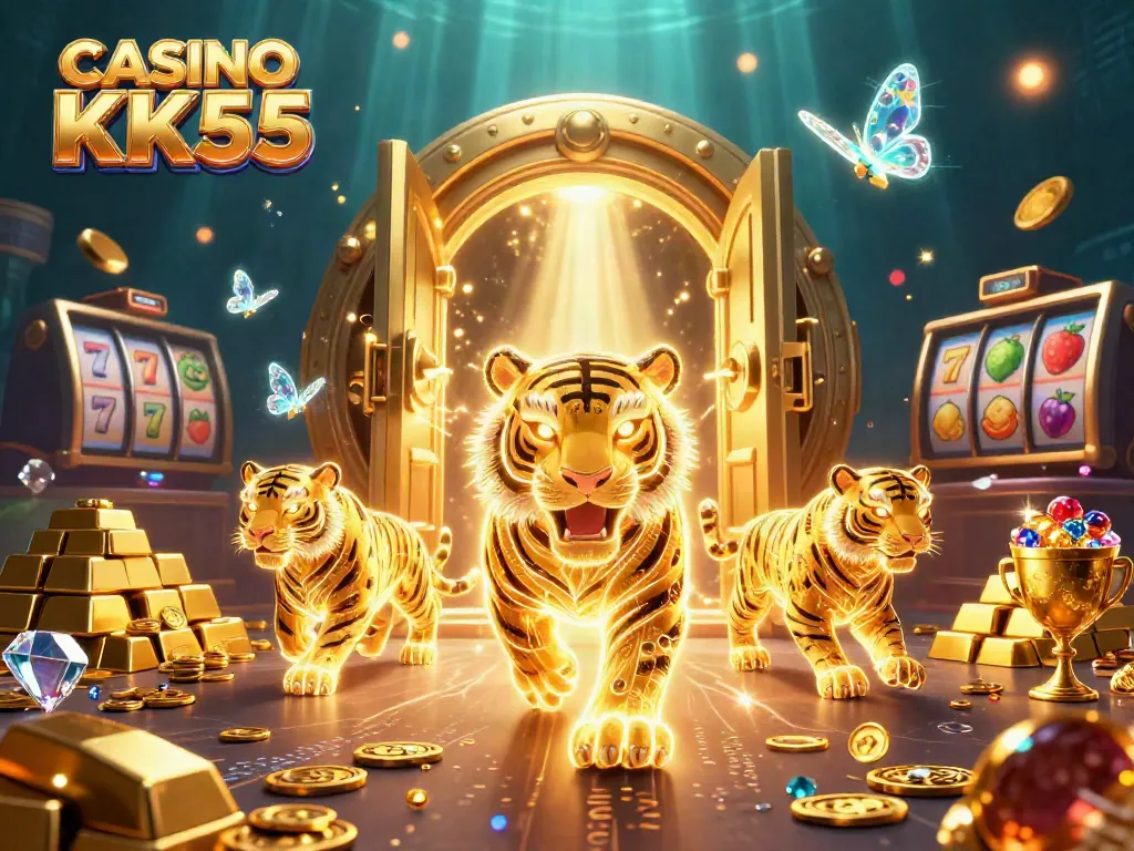 Experience the thrill of CASINO KK55 with a neon-wireframe tiger in a vibrant digital casino setting.