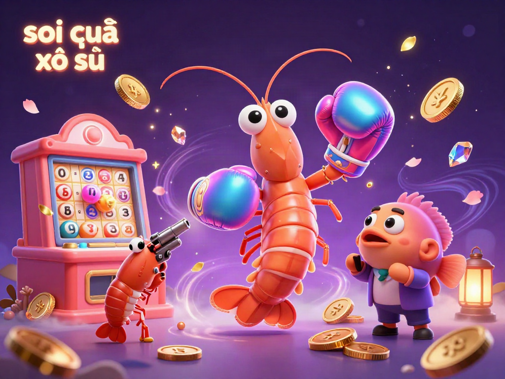 The 3D cartoon mantis shrimp bursts with energy while revealing the soi cầu xổ số lottery, surrounded by cascading coins and numbers.