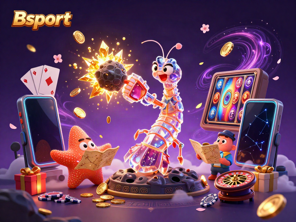 Bsport showcases a dynamic 3D illustration of a samurai mantis shrimp amidst casino games, enhancing the gaming experience.