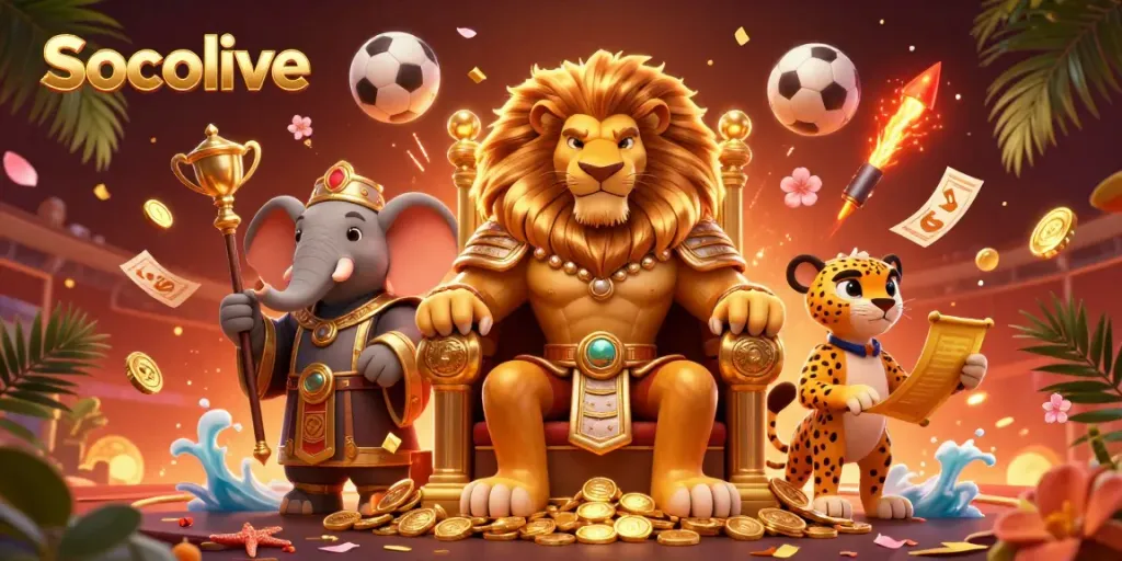 Experience dynamic sports betting action with Socolive's vibrant 3D illustration featuring characters and gaming elements.