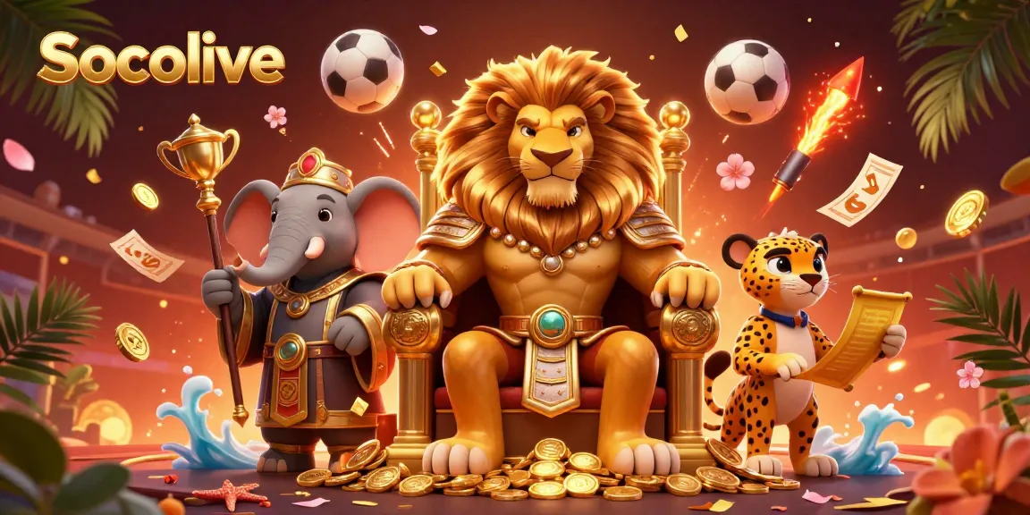 Experience dynamic sports betting action with Socolive's vibrant 3D illustration featuring characters and gaming elements.