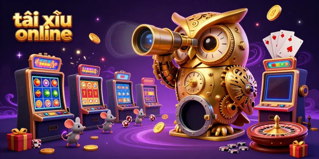 Experience the thrill of tài xỉu online with vibrant slot machines and golden coins erupting from smartphones.