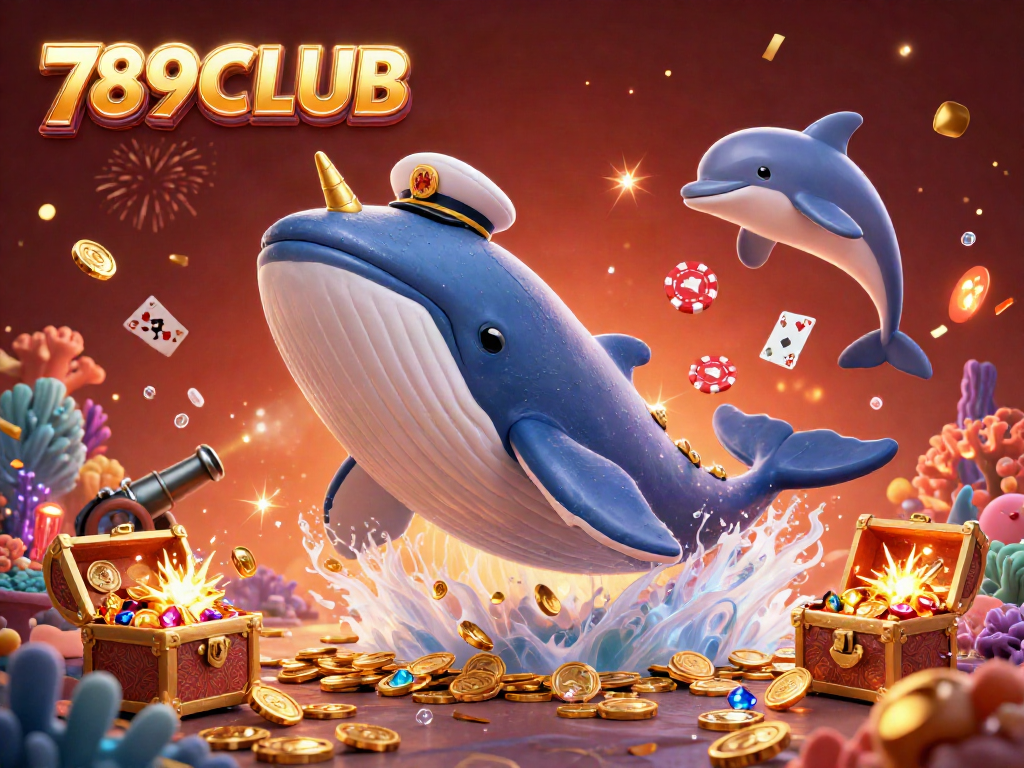 Experience the excitement of 789CLUB with a vibrant underwater scene featuring playful dolphins, a whale captain, and thrilling casino elements.