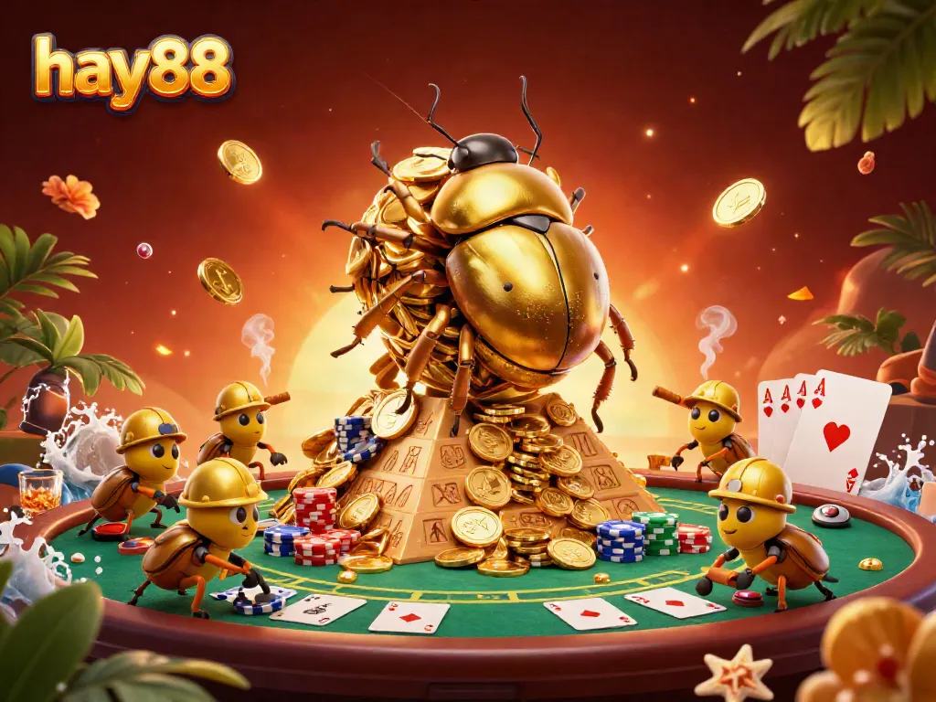 Experience the excitement of hay88 with a vibrant 3D scene featuring playful golden beetles and dynamic casino elements.