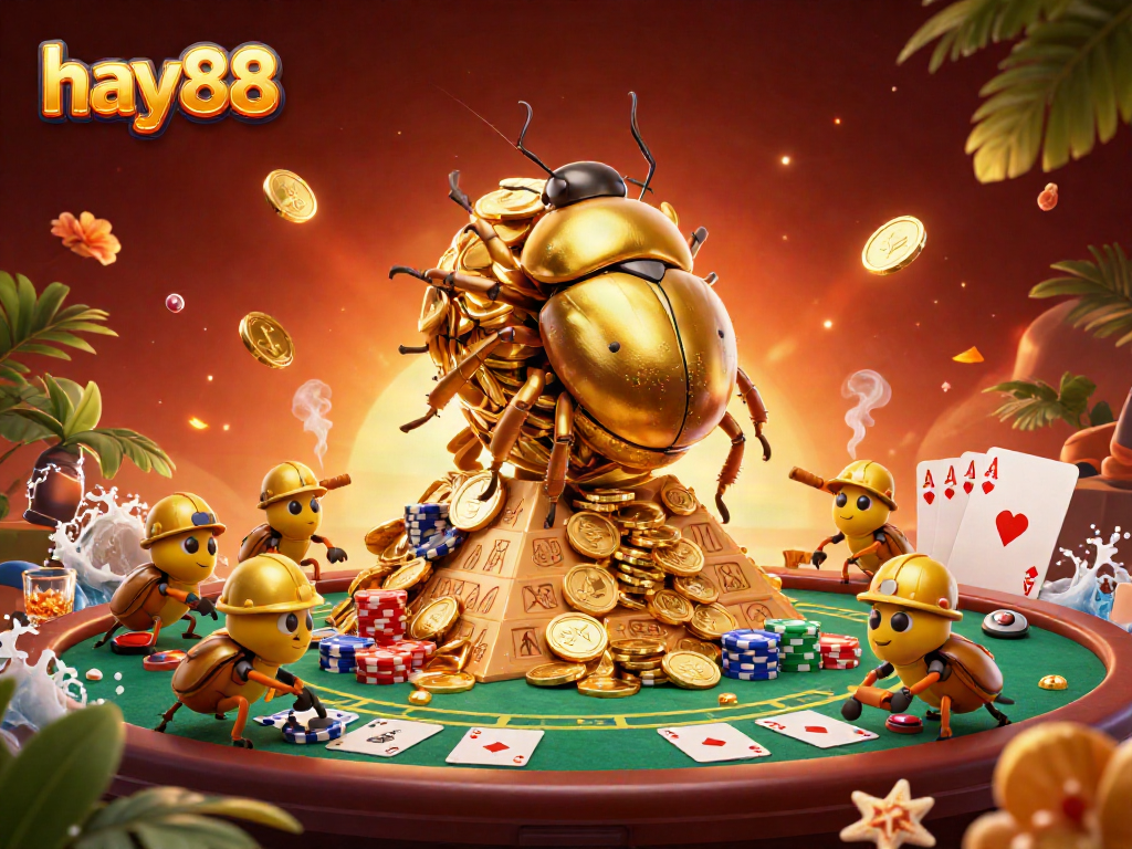 Experience the excitement of hay88 with a vibrant 3D scene featuring playful golden beetles and dynamic casino elements.