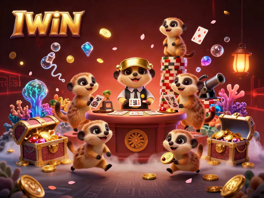 IWIN meerkats managing a lively casino with treasures and colorful gems in an exciting 3D illustration.