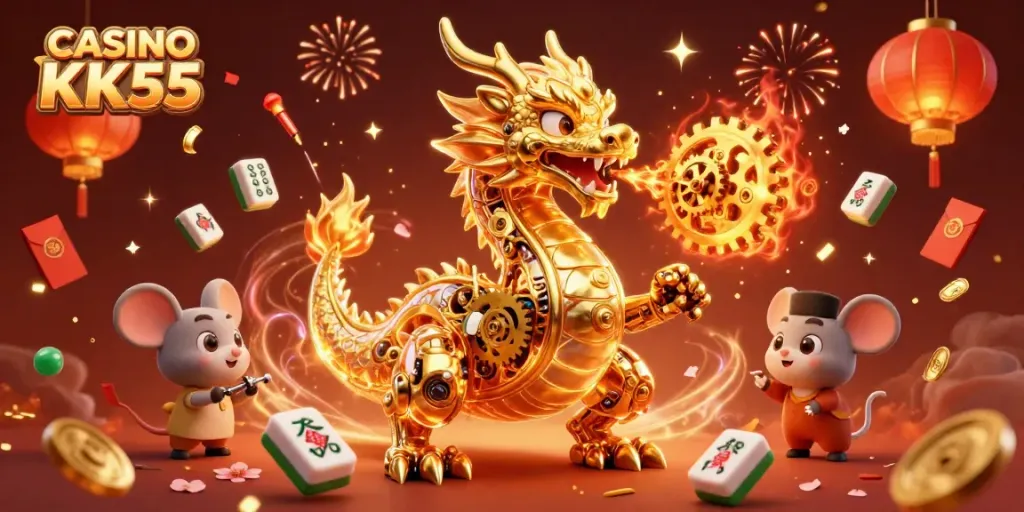 Experience the thrill of CASINO KK55 with a vibrant 3D dragon scene celebrating luck and games.