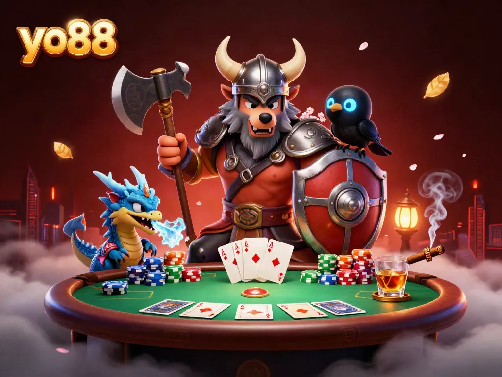 Engage with vibrant yo88 poker scene featuring 3D Viking wolf warrior, dragon, and poker elements.
