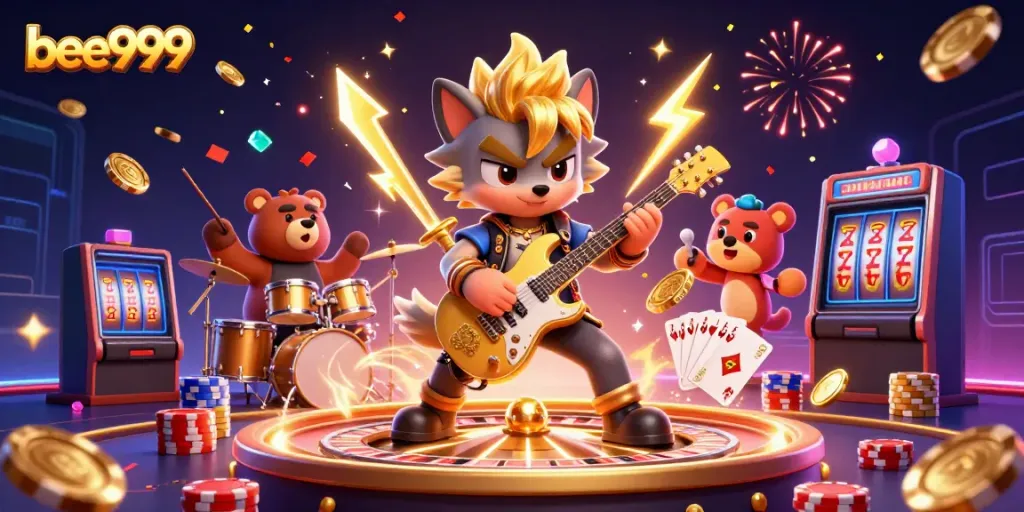 Engage with bee999 gaming excitement featuring a rock star wolf on stage, surrounded by casino elements.