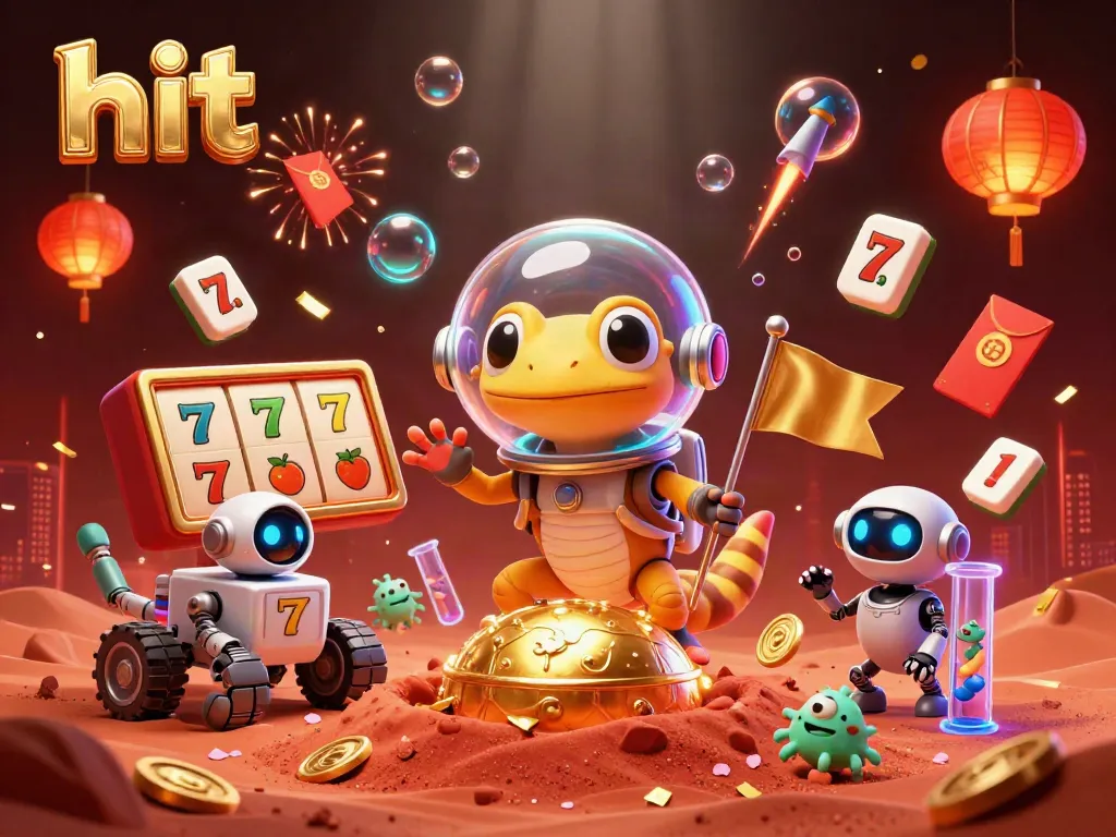 Experience the hit club casino adventure with a Martian gecko among vibrant slot elements and golden treasures.