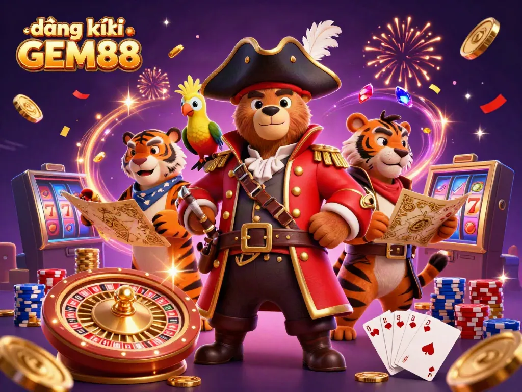 Engage in the excitement of đăng ký GEM88 with vibrant casino elements in a festive scene.