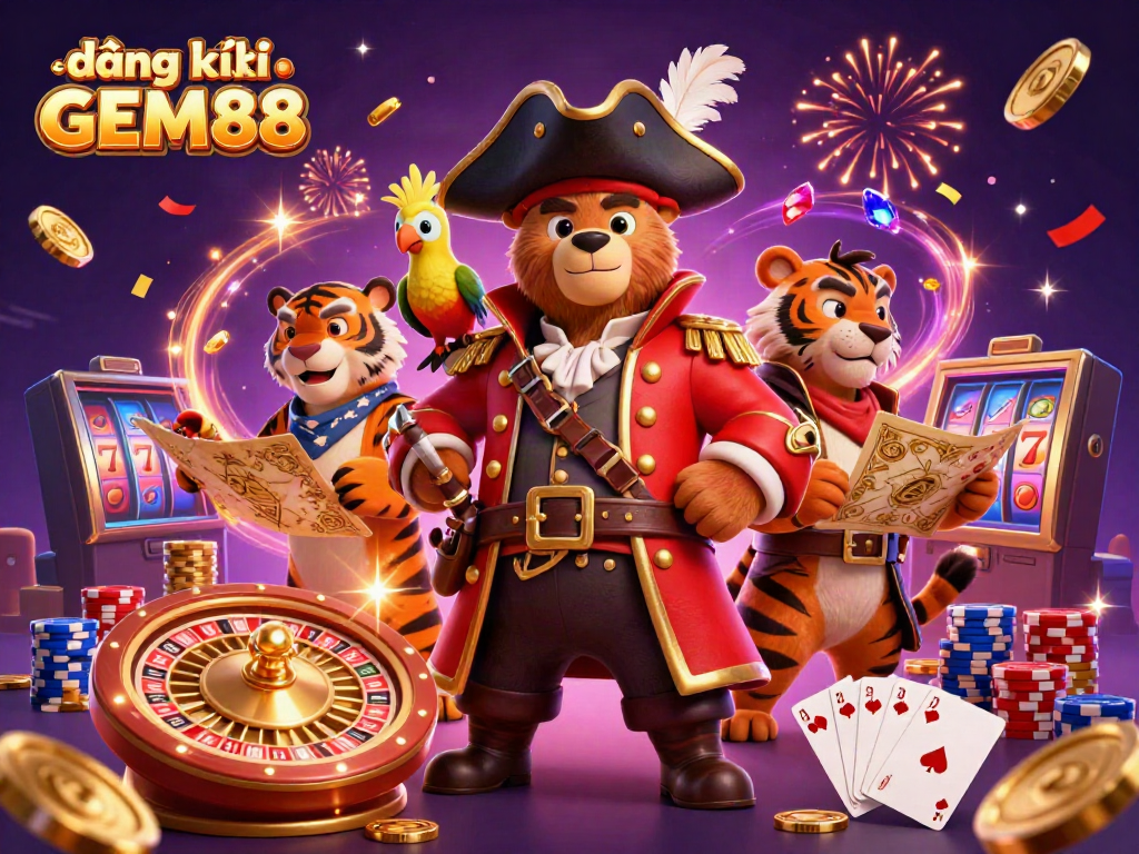Engage in the excitement of đăng ký GEM88 with vibrant casino elements in a festive scene.