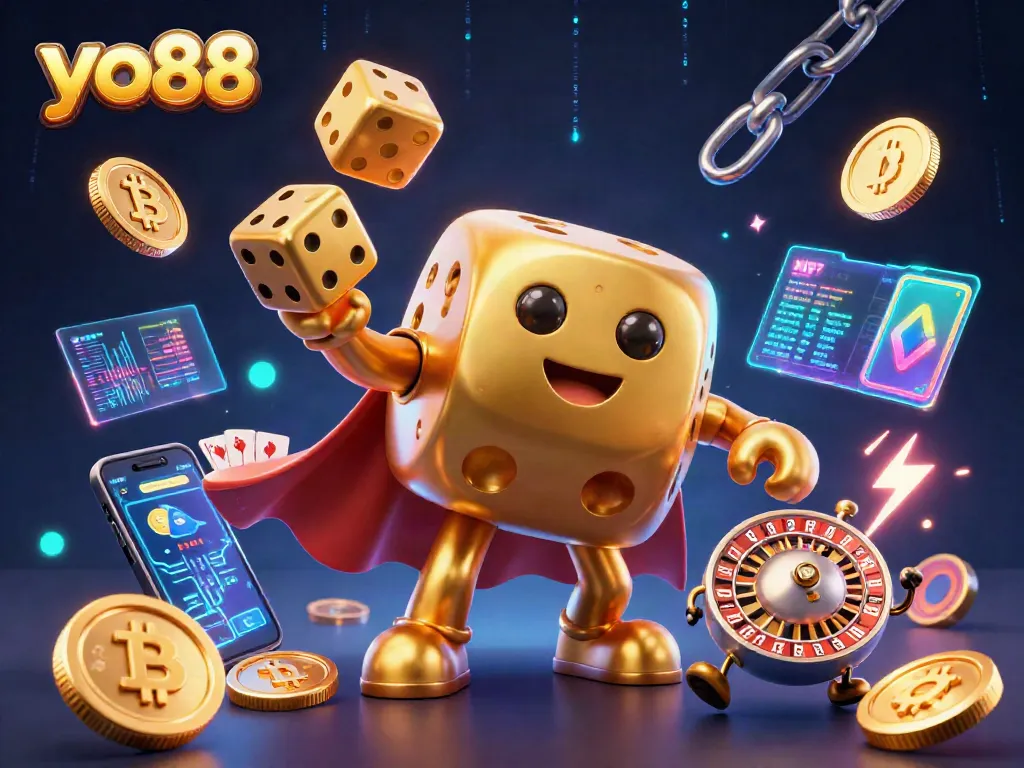 Spin and win with yo88 at this vibrant gaming scene featuring golden dice and crypto elements.
