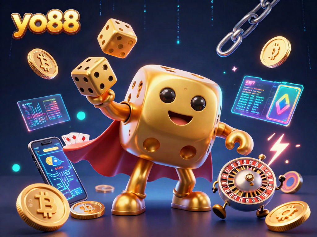 Spin and win with yo88 at this vibrant gaming scene featuring golden dice and crypto elements.
