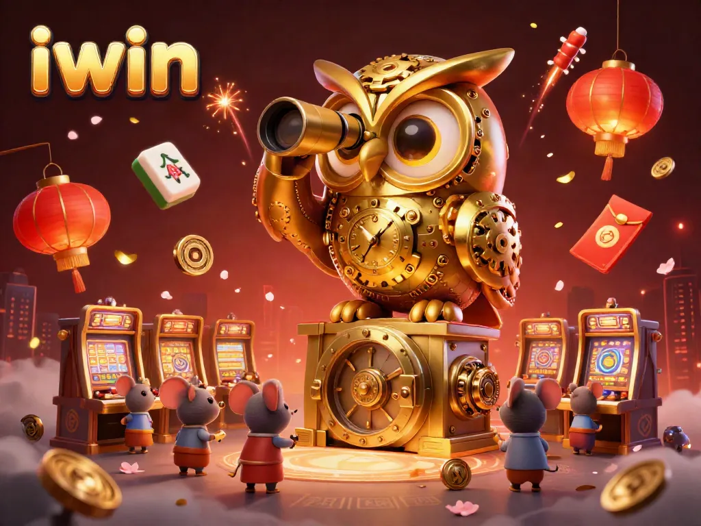 Engage with iwin's vibrant casino atmosphere, featuring a golden owl, slot machines, and festive decorations.