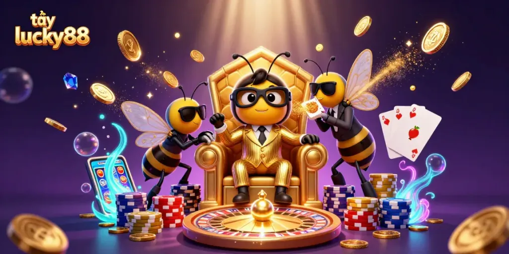 Interact and win at tại lucky88 with a vibrant 3D casino scene filled with animated characters.