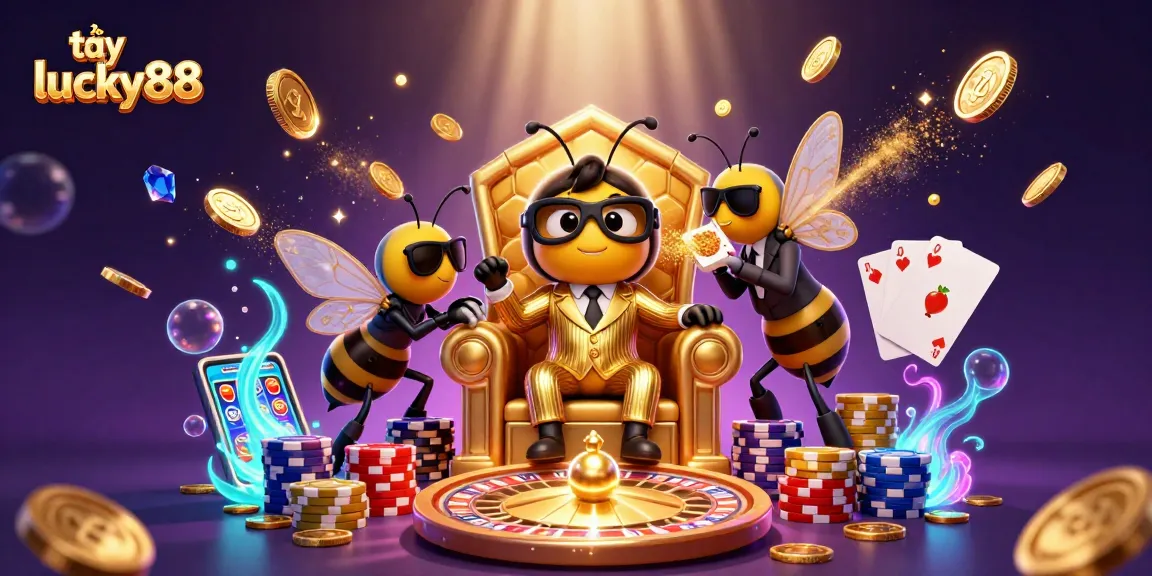 Interact and win at tại lucky88 with a vibrant 3D casino scene filled with animated characters.