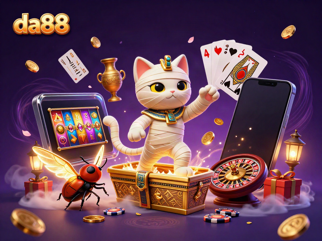 Engage in thrilling casino adventures with da88 through a captivating scene of a mummy cat and scarab beetle!