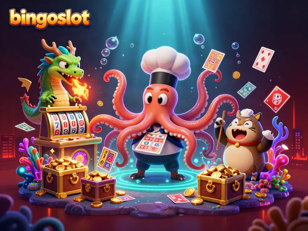 Kartu bingo dan gulungan slot yang energik dari bingoslot menjulang di antara harta karun bawah laut yang berkilau.