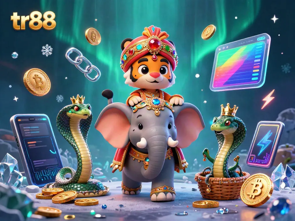 Experience the vibrant world of tr88 with a dazzling 3D scene of a tiger, elephant, and cobra amidst crypto elements.