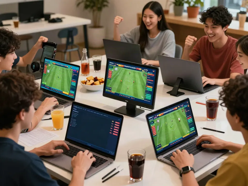 Players enjoying soccer predictions on MANTUL88 in a vibrant gaming atmosphere.