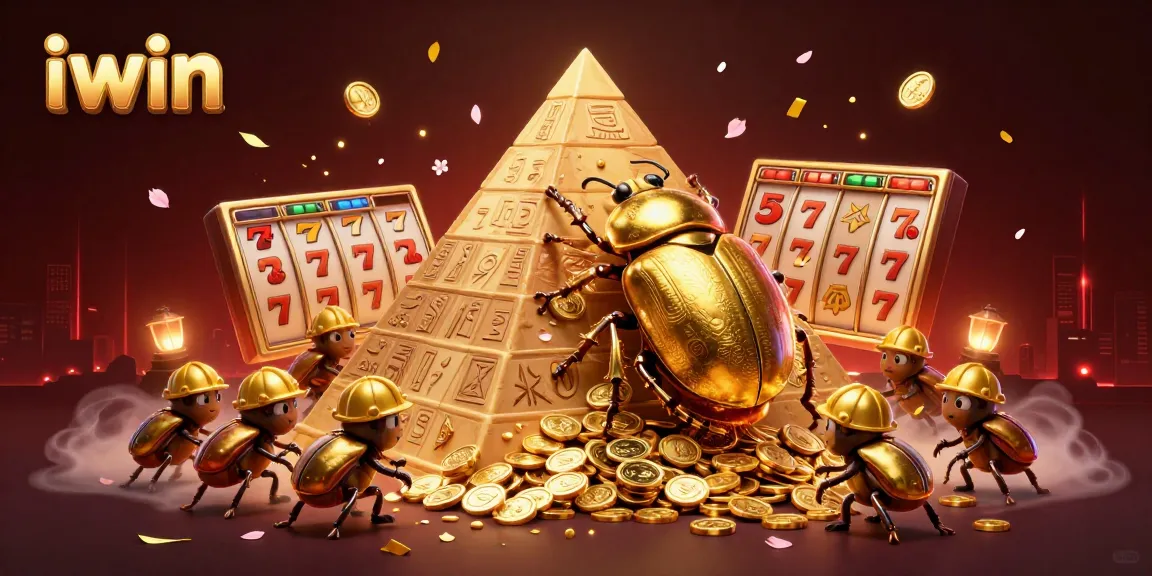 Experience excitement with IWIN's golden beetles rolling coins in a vibrant casino atmosphere.