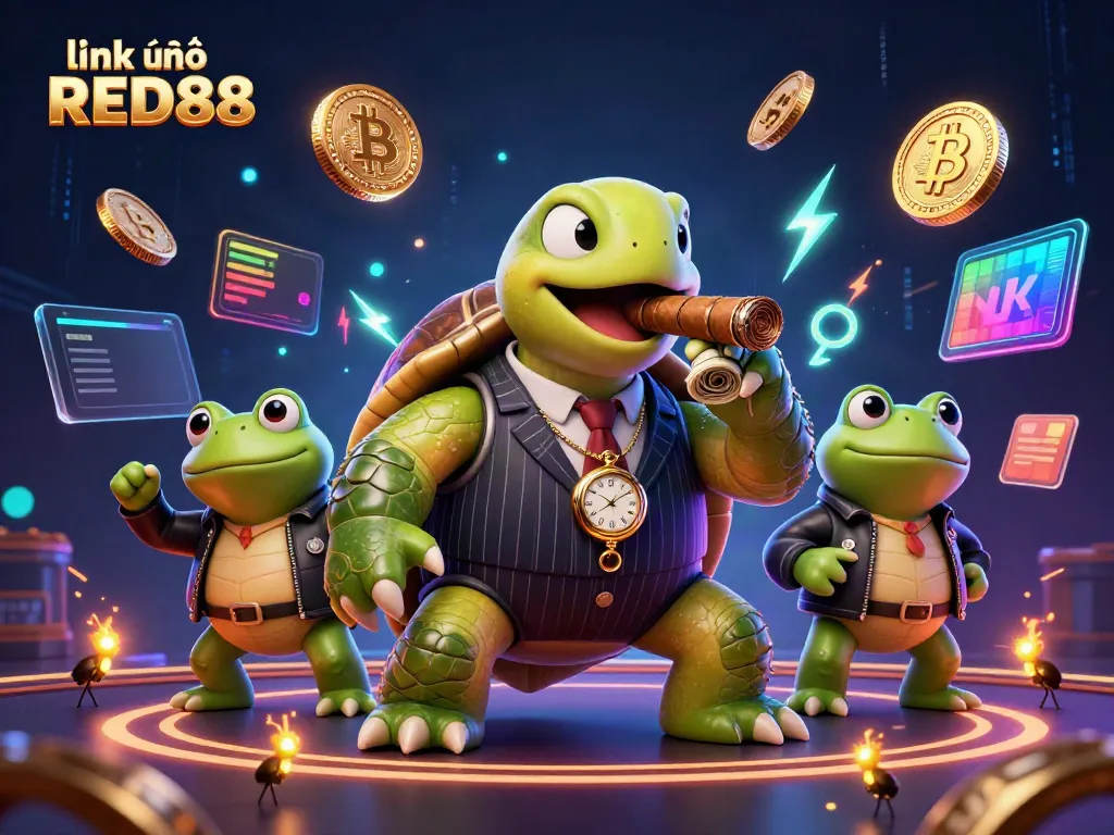 Engage in the excitement of link vào RED88 with a vibrant casino-themed illustration featuring a snapping turtle and bullfrog enforcers.