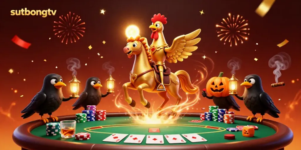 Sutbongtv showcases a thrilling scene in a midnight casino, featuring a golden rooster and crow companions amidst poker elements.