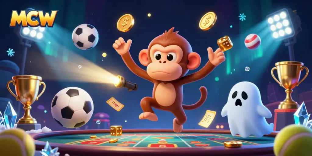 MCW showcases dynamic gaming thrills with a playful ghost-hunter puppy tracking a mischievous monkey in a vibrant casino.