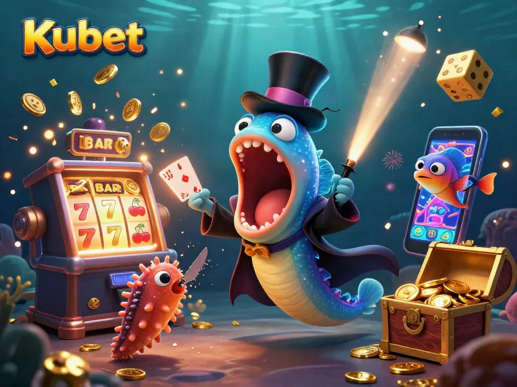 Kubet slots burst with rewards as a gulper eel magician performs captivating tricks amidst dazzling casino scenes.