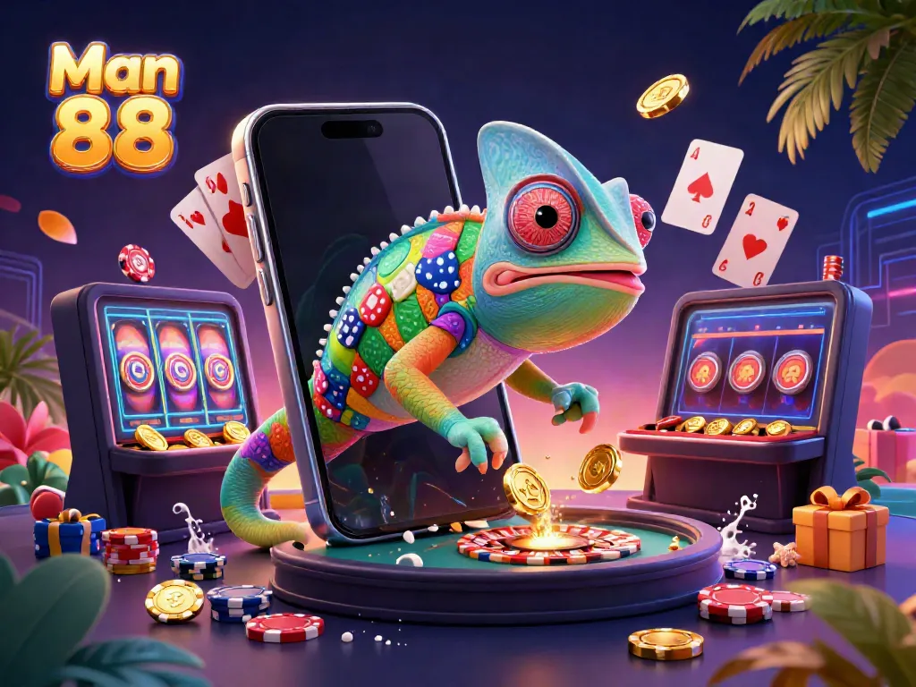Win big with Man 88, featuring chameleon owner and dynamic casino elements.