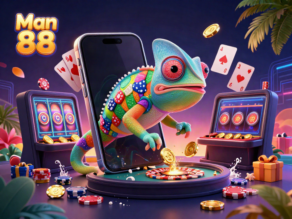 Win big with Man 88, featuring chameleon owner and dynamic casino elements.