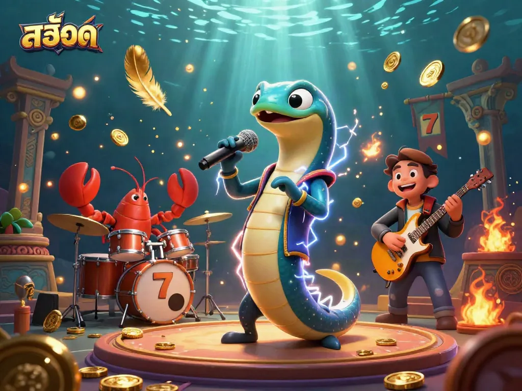 Engaging สล็อต gaming scene featuring a DJ electric eel with backup band in an underwater casino.
