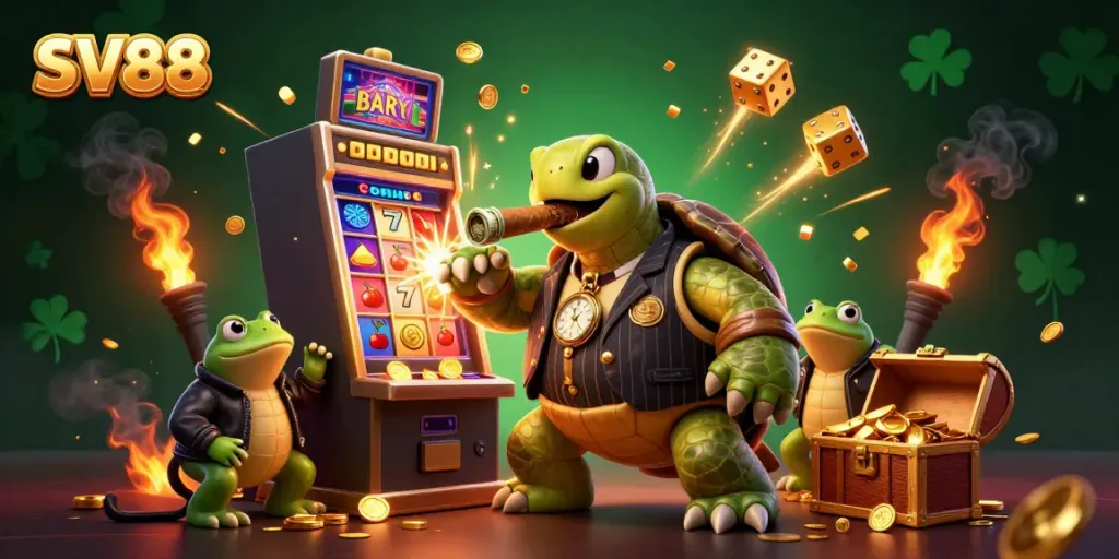 Experience the thrill of SV88 with a casino-themed scene featuring a unique snapping turtle and lucky symbols.