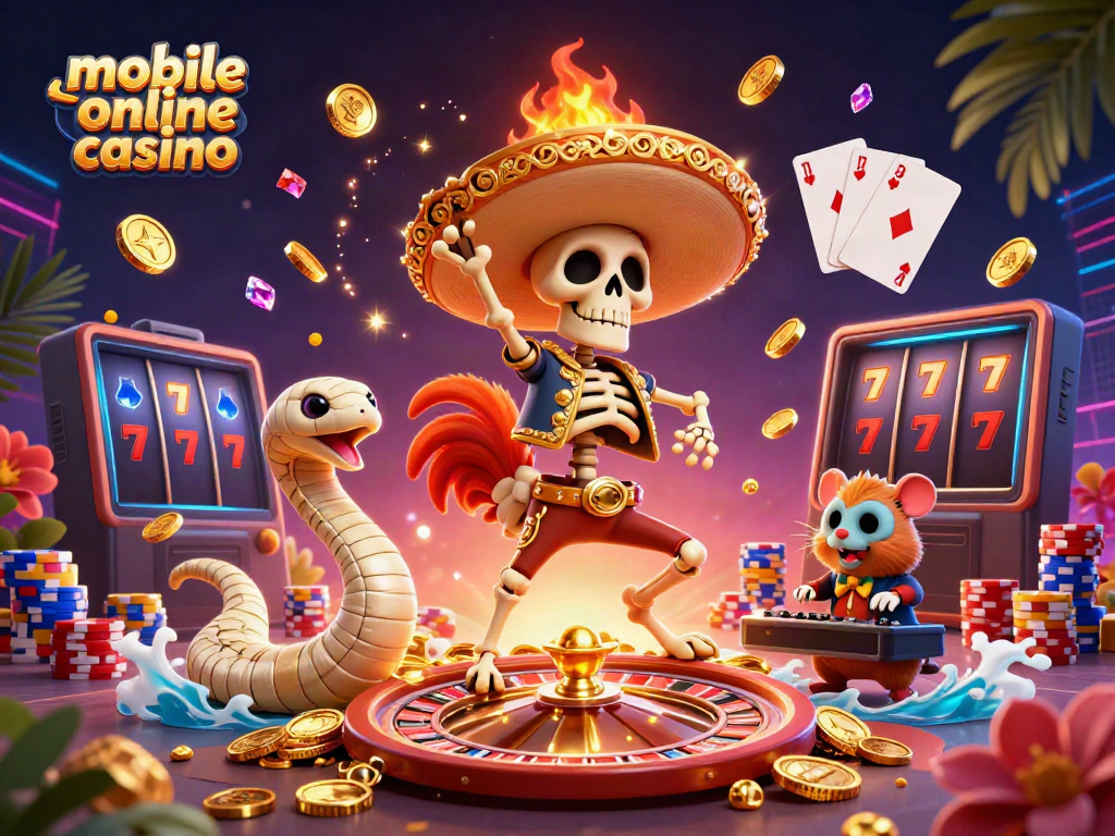 Experience excitement at a mobile online casino with lively characters celebrating in a vibrant casino setting.